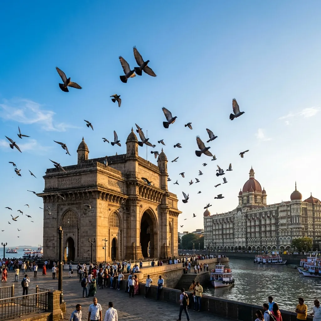 Crowds of visitors gathered at the Gateway of India in Mumbai